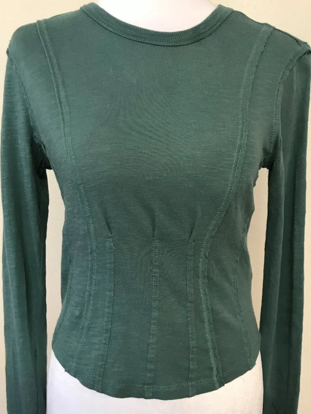 Pilcro Anthropologie Seamed Long Sleeve Top XXS Dark Turquoise Cotton Crop Tee